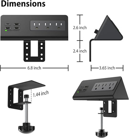 Nightstand Edge Mount Power Strip with USB-C Ports Tabletop Surge Protector Desk Clamp Power Sockets with 3 AC Outlets &4 Fast Charging USB Ports for Home Office Hotel and Dormitory (Black(2-Pack))