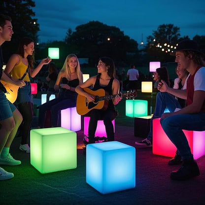 Mr.Go 15-Inch LED Cube Chair, 16 Dimmable RGB Colors Cube Seat w/Remote, Rechargeable Glowing Side Table, Waterproof Outdoor Floor Lamp for Patio, Pool, Home, Garden, Bar, Stage, Party Decor Lighting