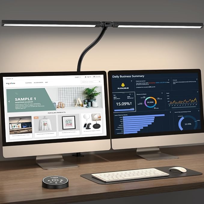 Pzloz Led Desk Lamp for Office Home - Eye Caring Architect lamp with Clamp,Dual Screen Computer Monitor Work Smart Light: 24W 5 Color Flexible Adjustable Lighting Table Lamp for Study Drafting