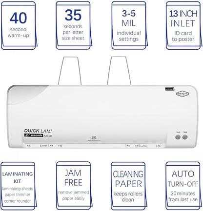 SINCHI 13-Inch Thermal Laminator Machine, 3–5 Mil, 40s Warm-Up, 20"/Min, Jam Release, Auto Shutoff, All-in-One Kit with 10 Pouches, Trimmer & Rounder, Cleaning Paper, Ideal for Home, Office, School