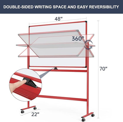 Rolling Whiteboard, 48x32 Inches Dry Erase Board with Stand, Magnetic Mobile Whiteboard on Wheels, Standing White Board for Office, School, Home, Large Double Sided White Board with Paper Pad