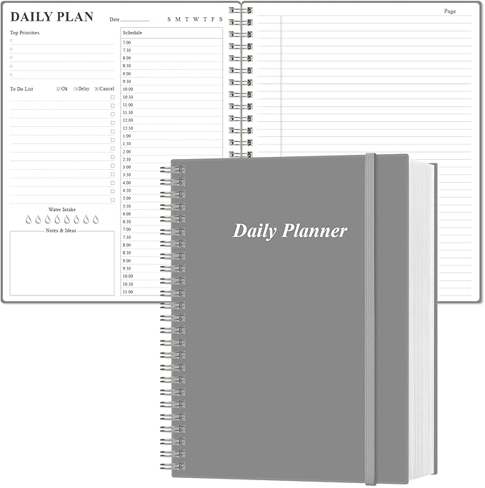 Daily Planner Undated - A4 To Do List Notebook Hourly Schedules, Spiral Appointment Planner for Women and Men,PVC Hardcover, Inner Pocket, Elastic Closure, 8.5" x 11", Grey