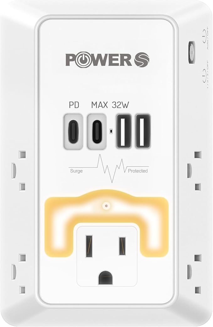 20W PD Fast Charging Wall Outlet with USB Ports (2C2A), Electrical Outlet Extender with Night Light, Surge Protector, Wall Plug Adapter for Multiple Devices, Wall Socket Expander