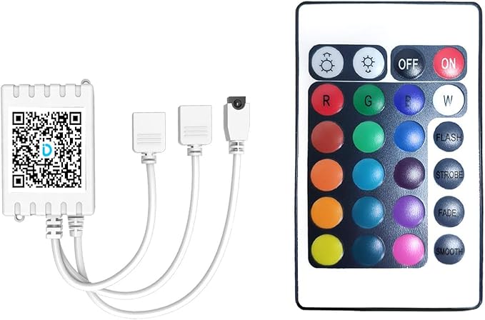 DAYBETTER Updated Bluetooth Remote Control for RGB LED Light Strips, 2 Ports 24 Key 4 Pin Output Dimmable LED Strip Lights Voltage DC 12V(Without Power Adapter)
