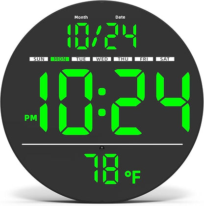 Digital Wall Clock with Large LED Display, Date, Temperature, Auto-Brightness | Small [PLUG-IN] Clock | Modern Electric Wall Clock for Bedroom, Classroom, Living Room, Home, Office, Farmhouse – Green