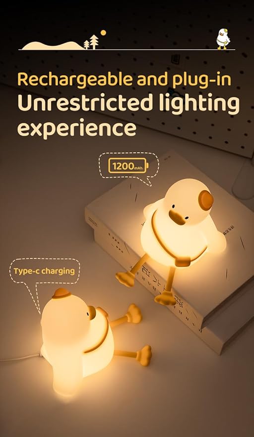 ATSUI Duck Night Light, Cute LED Squishy Novelty Animal Night Lamp, Food Grade Silicone, 3 Level Dimmable Rechargeable Nursery Nightlight for Breastfeeding Toddler Baby Kids, Cute Gifts for Kids