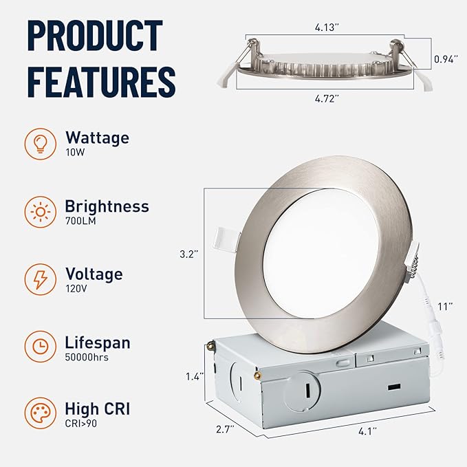 12 Pack Recessed Lighting 4 Inch with Junction Box, 5CCT 4 Inch Brushed Nickel LED Recessed Lights Dimmable 2700K-6000K, 9W 700lm Ultra Thin Recessed Lighting - ETL and Energy Star Certified