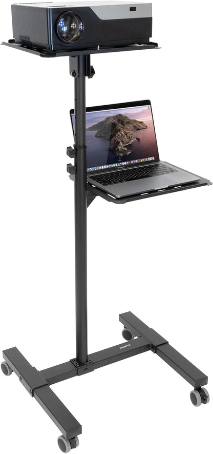 Mount-It! Mobile Projector and Laptop Stand (2 Shelves), Rolling Cart with Ventilated Tray, Heavy Duty, Height Adjustable Laptop and Projector Presentation Trolley, Black