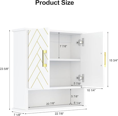 White Chevron Pattern Bathroom Wall Mount Cabinet, Stylish Hanging Medicine Cabinet with Open Shelf, Over The Toilet Storage for Bathroom Kitchen (23 5/8" x 22 7/8" x 7 1/8")