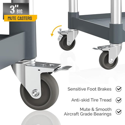 TUFFIOM 3-Tier Plastic Service Utility Cart with Wheels,Heavy Duty 390lbs Capacity,Commercial Rolling for Restaurant, Foodservice, Office, Warehouse, Gray 34.8''L x 17.4''W x 38.6''H
