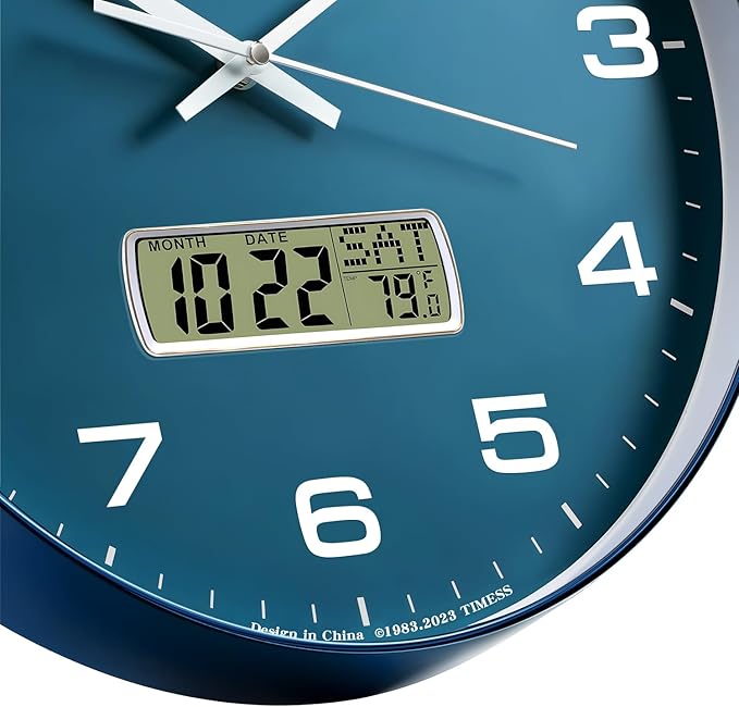 TIMESS Wall Clock, 12" Dial Non-Ticking Silent Battery Operated Analog with LCD Display for Perpetual Calendar and F° Temperature, Ideal Modern Home, Bedroom, Kitchen, Office Decor (Blue)