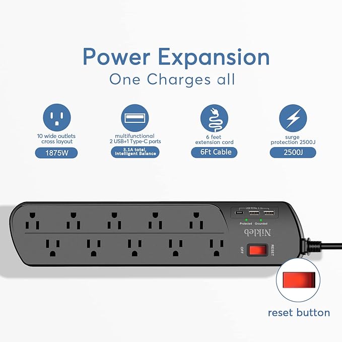 Extension Cord with Multiple Outlets, Surge Protector Power Strip with USB, 6ft Power Cord, 10 Wide Outlets, 2 USB+1 USB C Fast Charging Ports, Wall Mount, Heavy Duty, Home, Office Accessories