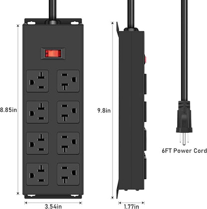 JUNNUJ Heavy Duty 20 Amp Power Strip, Garage 8 Outlets Metal 12 Gauge Surge Protector 3000J, High Amp 5-15P Adapter Shop 6-20R T-Slot Industrial Outlets (8AC, 6FT)