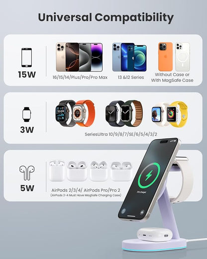 3 in 1 Wireless Charger Charging Station for iPhone,Qi2 Certified 15W Magnetic Charging Stand for Mag-Safe with 30W USB C Adapter&Friendly Night Light for iPhone 16/15/14/13/12,Apple Watch,AirPods