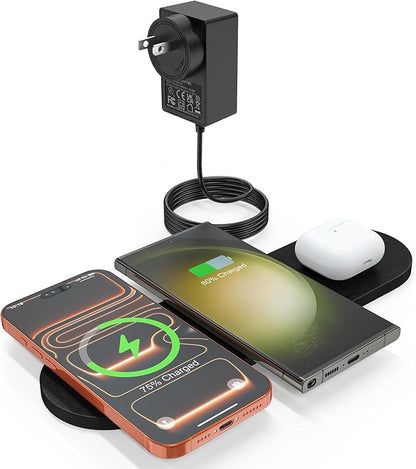 ZealSound Wireless Charging Pad,Triple Wireless Charger Pad Multiple Devices Compatible with iPhone Phone New AirPods Galaxy Buds Ultra-Slim PU Leather Wireless Charging Mat for Smartphone Phone Black
