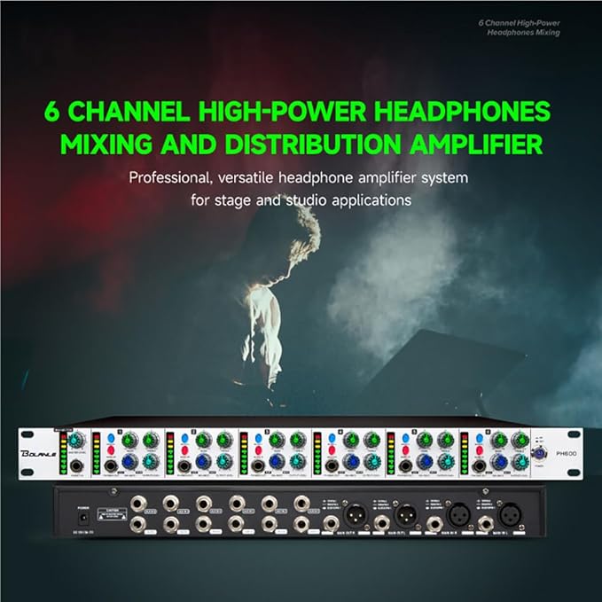 Bolanle PH6000 6-Channel Headphone Mixing Distribution Amplifier High-Power Headphone Amplifier 3.5mm & 6.35mm Jacks