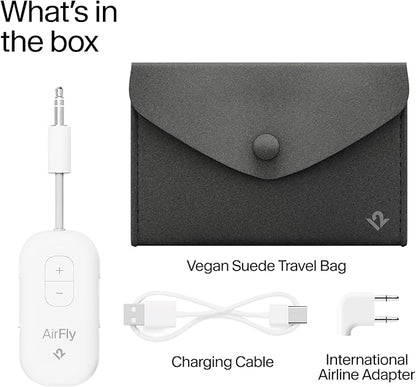 AirFly Pro 2 Deluxe – Bluetooth Adapter for Airplane, Pair 2 AirPods or Wireless Headphones – 3.5mm AUX Bluetooth Transmitter/Receiver for Cars, Boats, Treadmills, TVs – Airplane Travel Essentials