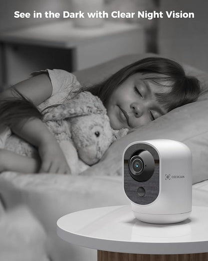 COCOCAM 2K Indoor Pan/Tilt Security Camera with 5200mAh Battery, WiFi Camera,Wireless for Baby Monitor/Pet/Home Security, AI Recognition, PIR Human Detection, 2.4G WiFi (White)