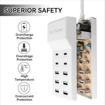 USB Charging Station with 6 USB-A & 4 USB-C Ports, 50W 10A USB Charging Block for Smart Phone, Tablet, Laptop, Multiple Devices - USB Power Strip with Auto-Detect Technology (2 PCS)