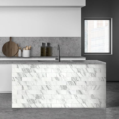 AULIGET 100-Piece White Marble Look Peel and Stick Backsplash Wall Tiles, 3" x 6" PVC Faux Stone Stick on Tile for Backsplash Kitchen, Bathroom, Laundry Room, Camper, Fireplace