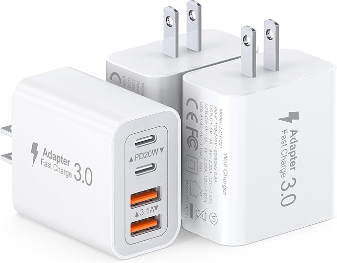 3 Pack Fast Charging Block, 40W 4-Port Charger Cube Power Brick Plug Box Base Adapter for iPad/Pro/Mini, Compatible with iPhone 13/14/15/16/17,Galaxy, Motorola,Sony, Google Pixel, Tablet