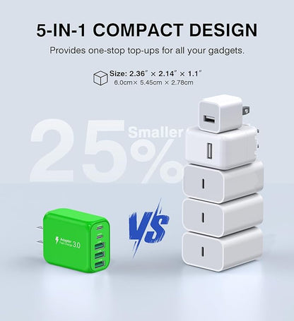 60W USB C Wall Charger Block,5-Port C Charger Fast Charging Block PD Power Adapter +QC 3.0 Multiport Type C Box Charger Cube USB A Wall Plug for iPhone 14/15/16/17 Pro Max Plus,Samsung(Green)(2-Pack)