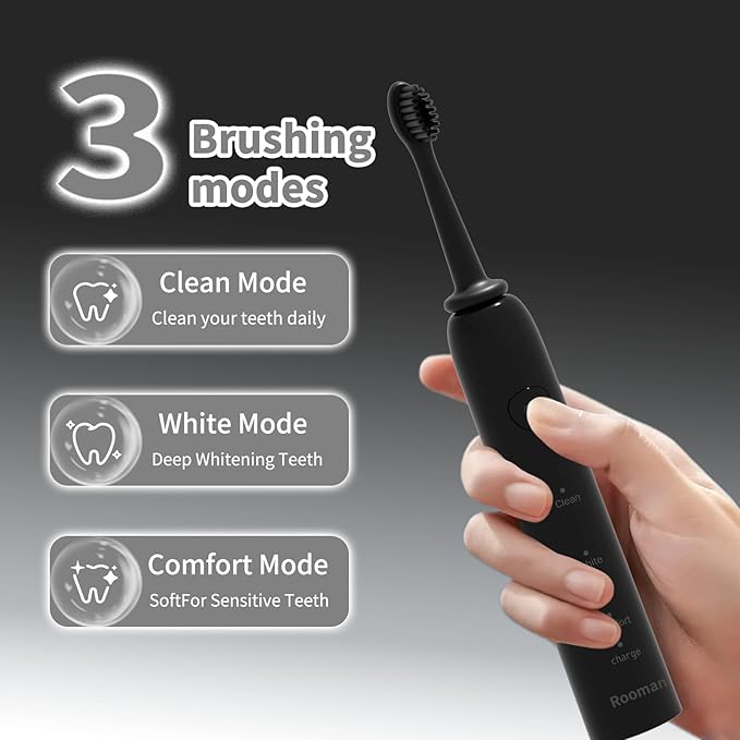 Rooman Oscillation&Vibration Sonic Electric Toothbrush for Adults, with 8 Brush Heads for Travel & Teeth Care, 20000 VPM, 3 Cleaning Modes, 2-Minute Timer, IPX7 Waterproof (Black)