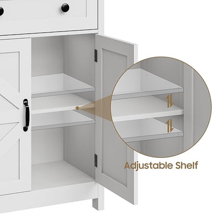 Farmhouse Bathroom Storage Cabinet with Barn Doors, Bathroom Storage Organizer with Drawers, Rustic Freestanding Floor Cabinet for Kitchen, Living Room, White
