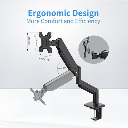 Single Monitor Stand for 13 to 32 inch Screens, Gas Spring Monitor Arm with Swivel, Tilt, Rotation, Height Adjustable, Desk Mount with C-Clamp and Grommet Base, Holds 4.4 to 19.8lbs Screen, Black