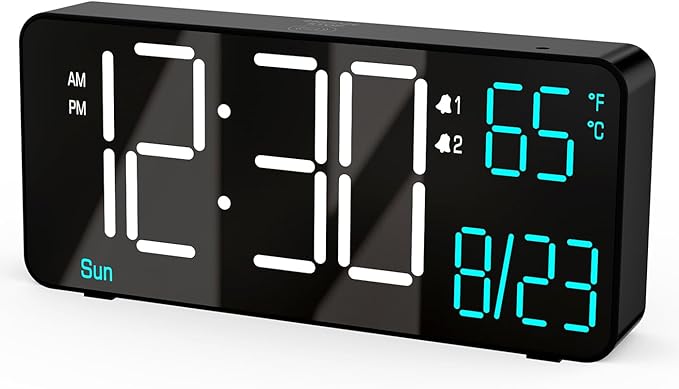 KOSUMOSU Alarm Clocks for Living Room, 6.7in Small Digital Clock for Bedroom, Auto Dimming,Date,Day of Week,Seconds or Indoor Temperature,Digital Alarm Clocks for Bedrooms,LED Desk Clock
