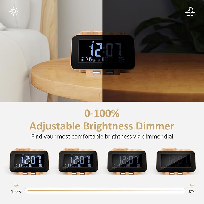 USCCE Digital Alarm Clock Radio - 0-100% Dimmer, Dual Alarm with Weekday/Weekend Mode, 6 Sounds Adjustable Volume, FM Radio w/Sleep Timer, 2 USB Charging Ports, Thermometer, Battery Backup(Wood Grain)