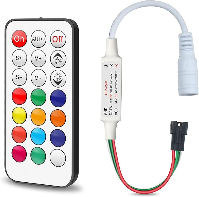 RGBZONE 3-PIN LED Controller, RF Wireless Remote Control, DC5V/12V/24V Mini Controller for Dream Color WS2812B WS2812 WS2811 Light Strips (21 Key)