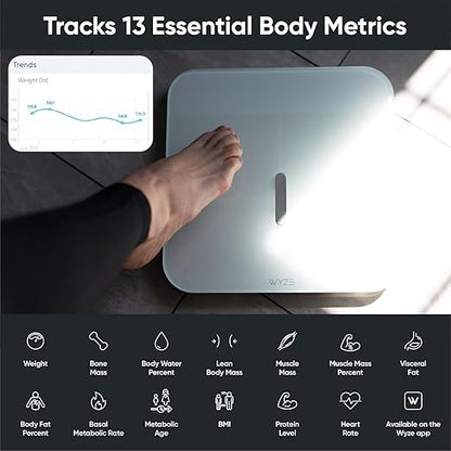 Wyze Smart Scale X - Digital Bathroom Scale for Body Weight, BMI, Body Fat, Muscle Mass, Heart Rate Monitor | ITO Glass & LED Backlight | Batteries Included, 400 lbs (White)