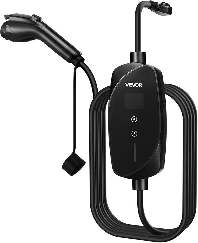 VEVOR Level 1&2 EV Charger, 16 Amp Adjustable Current, Electric Vehicle Portable Charger with 25 ft Cable, 120V-240V, NEMA 6-20P Plug NEMA 5-15 Adapter, LCD, Home Car Charging Station for SAE J1772 EV