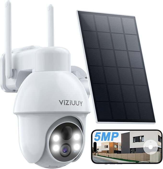 VIZIUUY 5MP Solar Security Camera Outdoor, Wireless Battery Powered Security Camera with 360°View, Pan and Tilt, Color Night Vision with Floodlight,PIR Human Detection,Compatible with Alexa