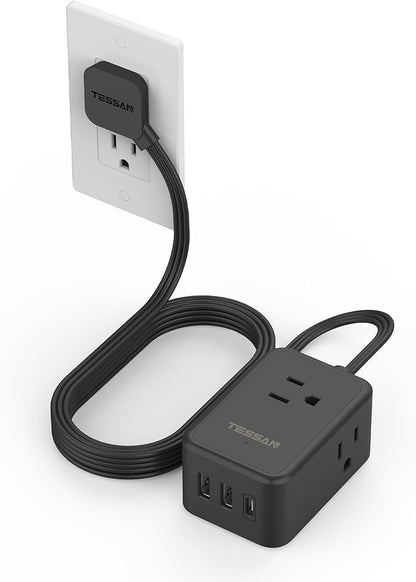 Flat Black Extension Cord, TESSAN Ultra Thin Power Strip with 3 USB Wall Charger (1 USB C), 3 Outlets Small Charging Station, 5 ft Slim Plug for Cruise Travel Office School Dorm Room Essentials