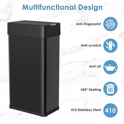 Arlopu 18.5 Gal Automatic Trash Can, 70 Stainless Steel Motion Sensor Garbage Bin, Touchless Brushed Wastebasket, W/Butterfly, Soft-Close Lid, for Living, Dinning Room, Kitchen ((Black)