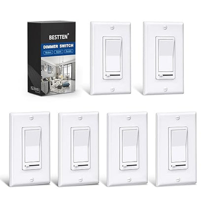 BESTTEN 6 Pack Dimmer Light Switch, LED Dimmer Switch, Single-Pole or 3-Way, for Dimmable LED, Halogen and Incandescent Bulbs, 120V, Wall Plate Included, UL Listed, White