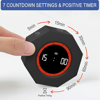 GuDoQi Digital Productivity Timer, Octagon Rotating Pomodoro Timers with Gravity-sensor, 1-3-5-15-30-60-90 Min Countdown, Portable Adjustable Sound Alert Multi Desk Timer or Study Task, Kitchen, Black