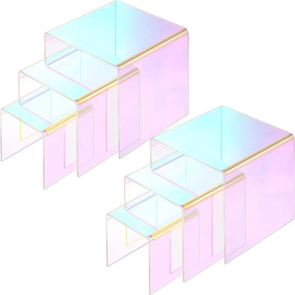 Chuangdi 2 Sets Acrylic Display Risers, Product Stand, Jewelry Display Riser Shelf Showcase Fixtures for Dessert Cupcake Candy Figure Treat Action Showcase(Rainbow Color,Medium Set)