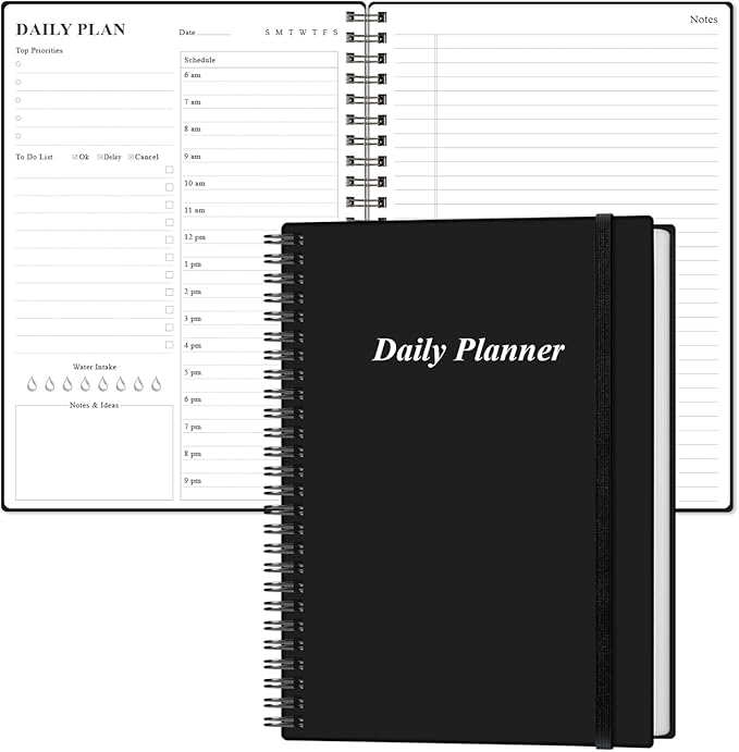 Daily Planner Undated - B5 To Do List Notebook Hourly Schedules, Spiral Appointment Planner for Women and Men, PVC Hardcover, Inner Pocket, Elastic Closure, 7" x 10", Black