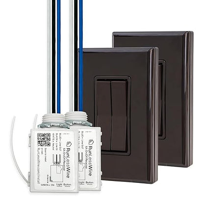 RunLessWire 3-Way Fan & Light Battery-Free DIY Kinetic Wireless Light Switch Kit for Bathrooms & Ceiling Fans: 2 Dual Remote Switches, Both Control 2 5A On/Off Receivers Separately – Brown