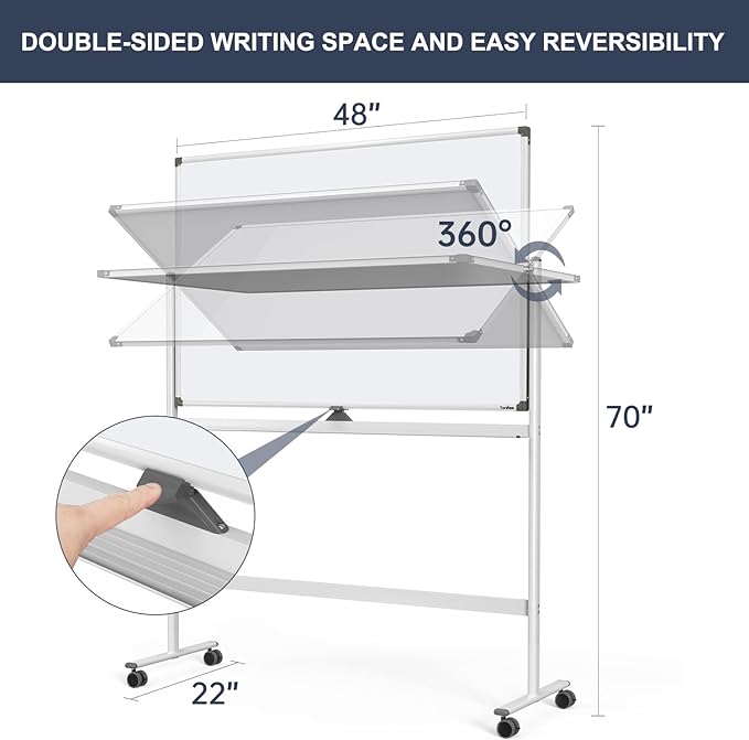 Dry Erase Whiteboard Easel on Wheels - TANKEE 48" x 32" Large Double Sided Mobile Whiteboard, Reversible Magnetic Rolling White Board for Home Office Classroom, Flip Chart Holders and Paper Pad