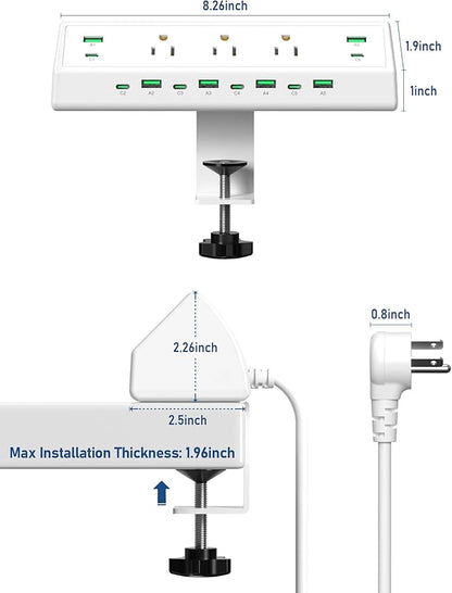 Jgstkcity 90W Desk Clamp Power Strip,12 USB Ports (6 PD 45W USB-C),Surge Protector,ETL Listed Power Hub Extension Cord,Fast Charging Station for Home Office Desk Edge Mount (White, 12 USB-90W)