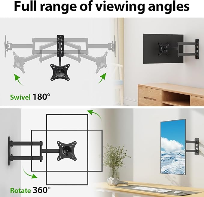 USX MOUNT Full Motion TV Wall Mount - Universal Single Stud Corner Bracket for 13-32 inch TVs, Monitor Wall Mount for LCD Monitor Swivel Tilt Rotation Articulating, VESA100x100mm, Up to 33LBS