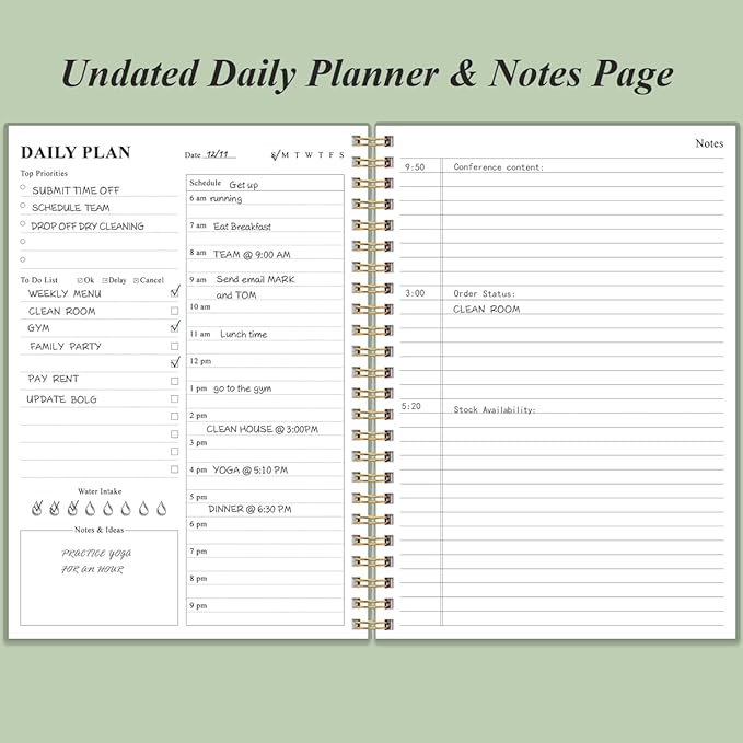 Daily Planner Undated - B5 To Do List Notebook Hourly Schedules, Spiral Appointment Planner for Women and Men, PVC Hardcover, Inner Pocket, Elastic Closure, 7" x 10", Green
