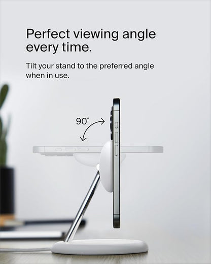 Belkin MagSafe-Compatible 3-in-1 Wireless Charger Stand 15W - Qi2-Certified Wireless Charging Station, Fast Charging of iPhone 16, AirPods, & Apple Watch - 36W Included - White