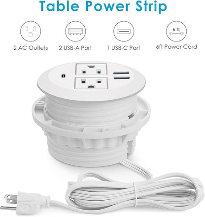 Jgstkcity 2-in-1 Desktop Power Grommet with USB-C Output, 125V, 12A, 2 AC Outlets, 3 USB Charging Ports, White