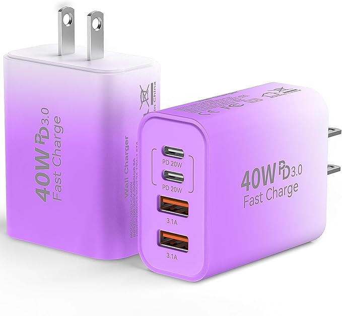 USB C Wall Fast Charger Block, 40W 4-Port Type C Chargers Fast Charging Blocks PD Power Charger Adapter+QC 3.0 USB Multiport Charger Brick for Phone 17/16/15/14/13/12 Pro Max, i-Pad, Galaxy S25-2Pack