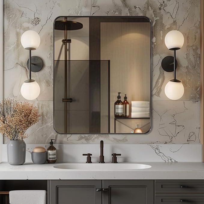 ANDY STAR Bronze Mirror for Wall, 30x36” Rounded Rectangle Bathroom Mirror, Modern Stainless Steel Metal Frame for Vanity